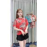 áo sơ mi voan hoa cổ bèo xinh xắn - Đỏ,Freesize <65 kg