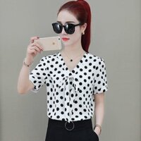 Áo sơ mi voan in hình chấm bi cổ chữ V phong cách Hàn Quốc dành cho nữ Áo sơ mi voan dài tay / ngắn tay