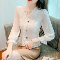 Áo sơ mi voan Mẫu Mới Hot Áo sơ mi mỏng áo trắng che bụng ôm eo thiết kế kiểu Tây cổ chữ V kiểu Pháp xuân thu 2025