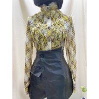 Áo sơ mi voan nhún bèo cổ cao