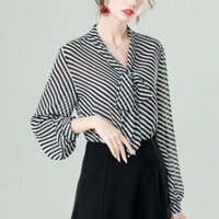 Áo Sơ Mi Voan Nữ Phối Ren Top Nữ Retro Đen Trắng Sọc Áo Sơ Mi Cao Cấp Nhỏ Nữ