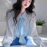 áo sơ mi voan ruy băng kiểu Pháp dành cho nữ Áo hoa màu xanh nhạt áo kiểu nữ