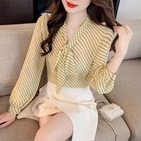 Áo sơ mi voan sọc dài tay nơ mẫu mới xuân thu kiểu Pháp Áo sơ mi nữ kiểu Tây sang trọng ôm dáng đơn giản dễ phối