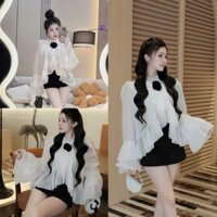 Áo sơ mi voan tay bồng loe viền bèo đính hoa đen, Sơ mi dài tay nữ kiểu form rộng vạt bèo hàn quốc XUYXUY12