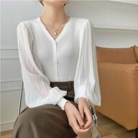 Áo Sơ Mi Voan Tay Dài LAVELVET, Áo Cardigan Tay Phồng Mỏng Cổ Chữ V, Tất Cả Trận Đấu Ngọt Ngào Thanh Lịch Áo Dệt Kim Top Nữ