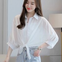 Áo sơ mi voan vạt buộc nơ phong cách sành điệu dáng croptop cho bạn nữ