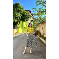 Áo sơ mi xanh cốm buộc nơ A225 ,chân váy hoa J049