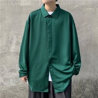 Áo sơ mi xanh đậm giấu nút chất lụa mềm, cổ trụ dài tay nam nữ màu trắng form rộng unisex