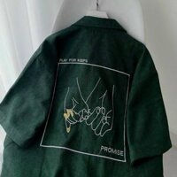 Áo sơ mi Xanh Rêu tay lỡ form rộng unisex nam nữ thêu chữ Simple things thích hợp mặc cặp chất Da lộn cao cấp - Xanh lá - L duoi 50kg