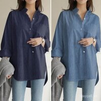 Áo sơ mi xanh thời trang mùa thu cho nữ, áo bất đối xứng, áo dài tay thoải mái, áo cài nút cho nữ