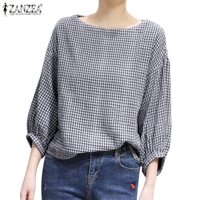 Áo sơ mi ZANZEA tay lửng cổ tròn họa tiết caro thời trang cho nữ