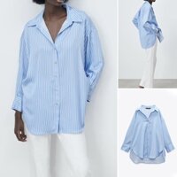 ÁO SƠ MI ZARA DÀI TAY NỮ MÀU XANH KẺ SỌC VẢI SATIN - 7969/260