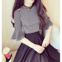 Áo sọc ngang đen trắng đen chân váy đen hàng đẹp (loại 1)