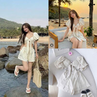 Áo sơmi croptop cột dây eo + quần
