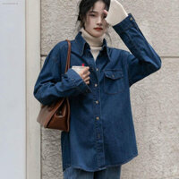 Áo sơmi denim dài tay dáng rộng phong cách HONGKONG, Áo somi jean xanh đậm dáng rộng kiểu basic dễ phối đồ (HC31