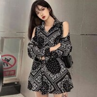 Áo sơmi form dài khoét vai hoa văn thổ cẩm cá tính