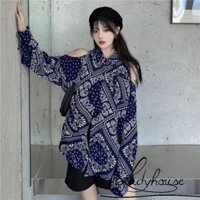 Áo sơmi khoét vai form dài in hoa cổ điển nhiều cách mặc