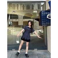 Áo sơmi nữ MAYBE cộc tay kẻ sọc có dây thắt eo phối chân váy bí có đính nơ