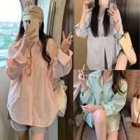 Áo sơmi sọc dài tay Ulzzang Dáng Rộng Đuôi Tôm Áo 1 Túi CHUCHU AH2507