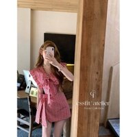 Áo SS Màu Đỏ Ca Rô Nơ Áo Sơ Mi Quần Culottes Phù Hợp Với Mùa Hè