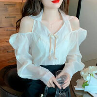 Áo sườn xám cài cúc phong cách Trung Quốc mới trang phục nữ áo sơ mi voan trễ vai dài tay mẫu mới mùa Xuân Thu