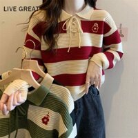 Áo sweater Cổ POLO Họa Tiết Kẻ Sọc Phong Cách retro Cho Nữ