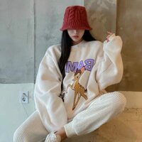 Aó sweater con nai  áo hoodie nam  áo hoodie nữ áo sweater am nữ mặc , áo khoác nam nữ form rộng ,  áo thun tay dài nam nữu mặc - trắng kem - L