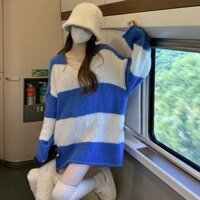Áo sweater Dệt Kim Mỏng Cổ Chữ v Kẻ Sọc Màu Xanh Dương / Trắng Phong Cách Hàn Quốc Thời Trang Thu Đông Cho Nữ
