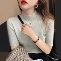 Áo sweater Dệt Kim Mỏng Tay Lửng Cổ Cao Thời Trang Xuân Thu Cho Nữ