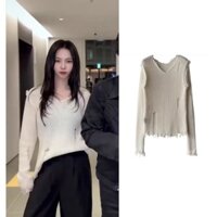 Áo sweater Dệt Kim Tay Dài Cổ Chữ v Đục Lỗ Phong Cách retro Pháp aespa karina Đơn Giản
