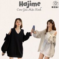 Áo Sweater Khoét Vai Tay Bồng Thắt Nơ Ulzzang - Áo Nỉ Nữ Da Cá Dáng Rộng Bo Gấu Hở Vai 2 Màu Dưới 73kg