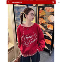 Áo sweater nỉ đỏ Sherry nơ thắt trễ vai ,Áo nỉ freesize phối sơ mi caro Hàn Quốc