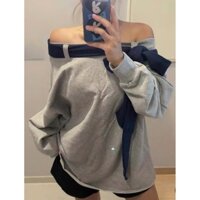 Áo Sweater nỉ trễ vai dài tay form rộng ,áo nỉ hơ vai có thắt nơ xanh mặc được hai kiểu chất nỉ dày dặn phong cách Hàn