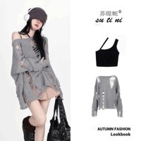 Áo sweater Phong Cách Nhật Bản Thời Trang Thu Xuân Dành Cho Nữ Set Áo Len Khoét Lỗ + Áo Sát Nách Form Rộng Thời Trang Dành Cho Nữ  Bộ Đồ Thời Trang Thiết Kế Dễ Thương Cho Bé Gái