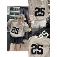 Áo sweater unisex thêu số 25, áo nỉ tay phồng bo viền họa tiết ngôi sao thêu số chất liệu nỉ bông