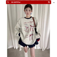 Áo sweater xám tiêu năng động Sherry mèo đính nơ đỏ, Áo thun dài tay form rộng Cá tính