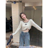 Áo sweater XIANG NIAN NI dệt kim mỏng tay dài hở xương quai xanh mùa thu dáng ngắn lưng cao cá tính cho nữ