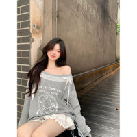 Áo Sweatshirt Lười Màu Xám In Ren Phong Cách Hàn Quốc Cho Nữ Thiết Kế Đầu Thu Có Nơ Thoải Mái OPE0