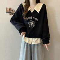 Áo Sweatshirt Tay Dài Cổ Polo Phong Cách Đại Học Cho Nữ Đầu Thu Mới Kích Thước Lớn Che Bụng Thiết Kế Giả Hai Mảnh Giảm Tuổi In Chữ Hoa