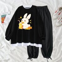 ÁO SWTER CHÚ THỎ ÔM HỘP NƯỚC CAM NỈ COTTONG PHỐI GẤU TRẮNG KÈM QUẦN BOM DÂY RÚT