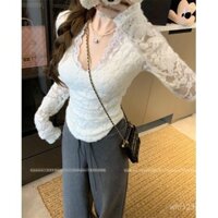 Áo T-shirt cổ chữ V ren màu xanh nước biển thuần khiết, áo mặc trong lót nhung thu đông cho nữ