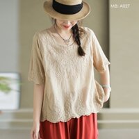 Áo T-shirt dệt kim cổ tròn ngắn tay KAMAKA thêu retro - A027