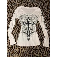 Áo T-shirt khí chất văn hóa mùa xuân thu cho nữ in hoa mẫu mới áo chữ thập Abi phong cách Mỹ