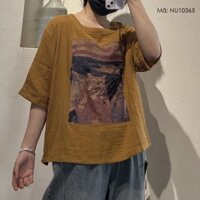 Áo T-shirt linen ngắn tay KAMAKA cổ tròn in chú mèo trong tranh - NU10365