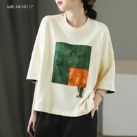 Áo T-shirt ngắn tay cổ tròn KAMAKA hoa văn ô vuông - NU10117