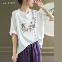 Áo T-shirt ngắn tay KAMAKA cổ tròn thêu hoa lá - NU10370