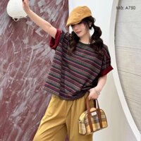 Áo T-shirt ngắn tay KAMAKA cổ tròn kẻ sọc in hoa retro - A750