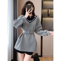 Áo T-shirt nữ áo hoodie bó eo hai chiếc giả cao cấp dám thích hợp, áo khoác tôn dáng gầy cho người mập cỡ lớn mùa thu kiểu dài vừa quá mông cho nữ