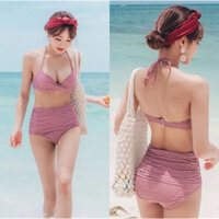 Áo tắm ca rô màu đỏ, bikini lưng cao gợi cảm, vải cao cấp, đồ đi biển Y168