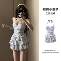 Áo tắm kiểu váy liền thân chấm bi phong cách Hàn Quốc Áo Tắm tắm suối nước nóng tôn dáng gầy bọc bụng dây buộc cổ kiểu mới 2025 nữ Perris wine